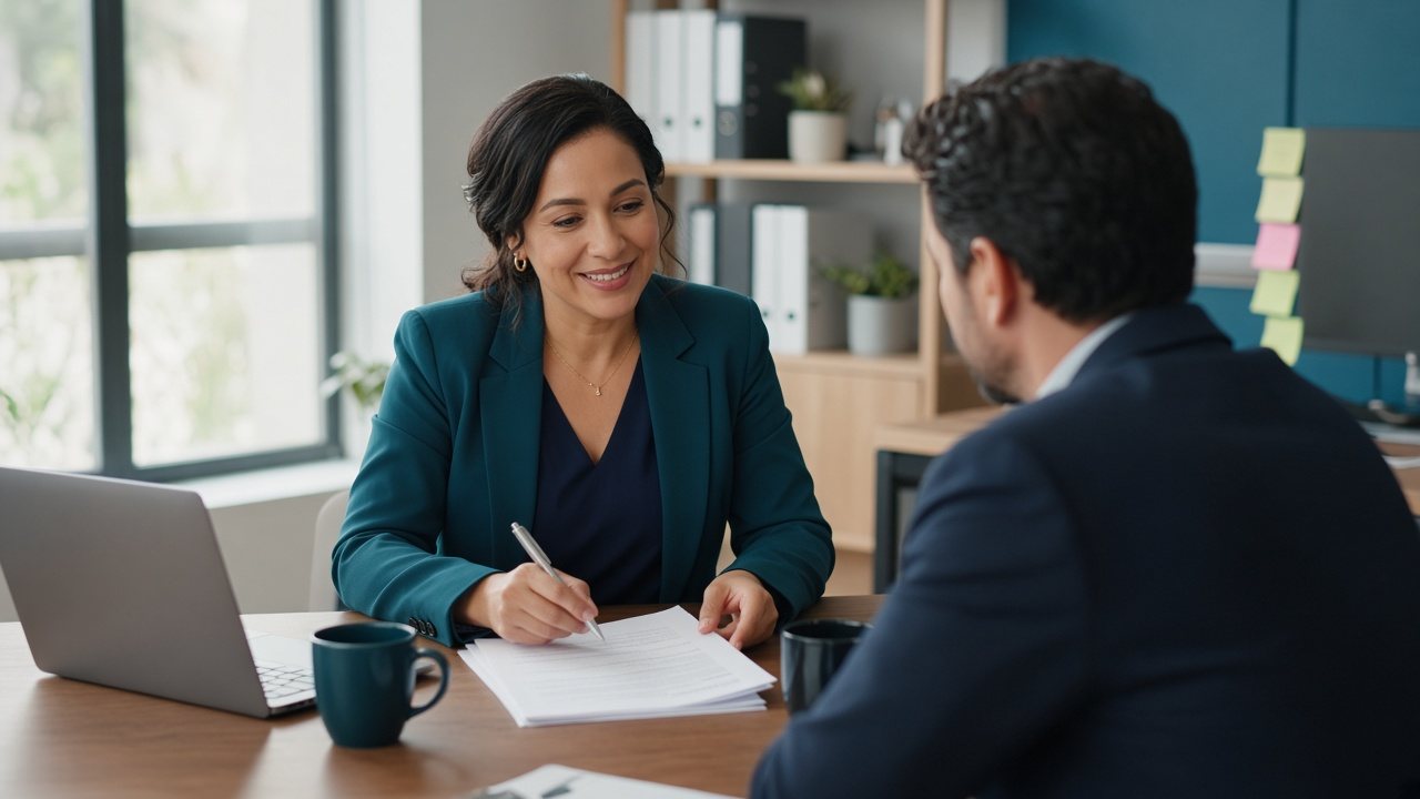 HR advisor reviewing documents with a teammate — custom Agent Lexe imagery