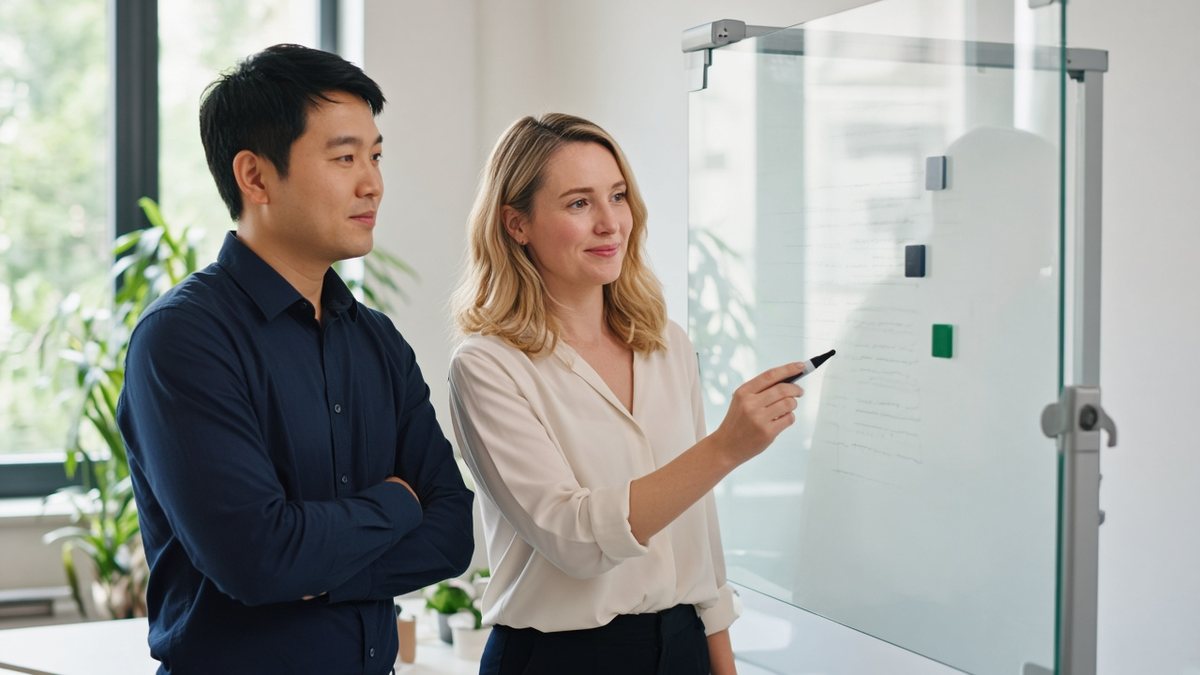 Colleagues planning onboarding at a whiteboard