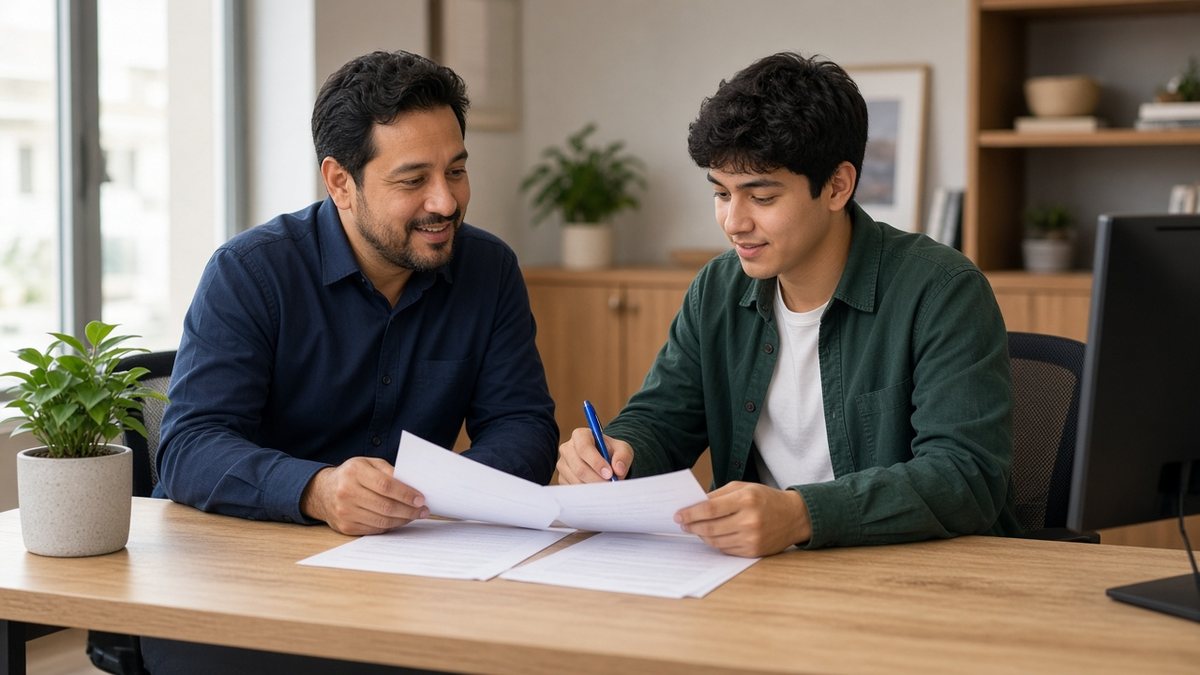 Manager walking a new hire through day-one paperwork